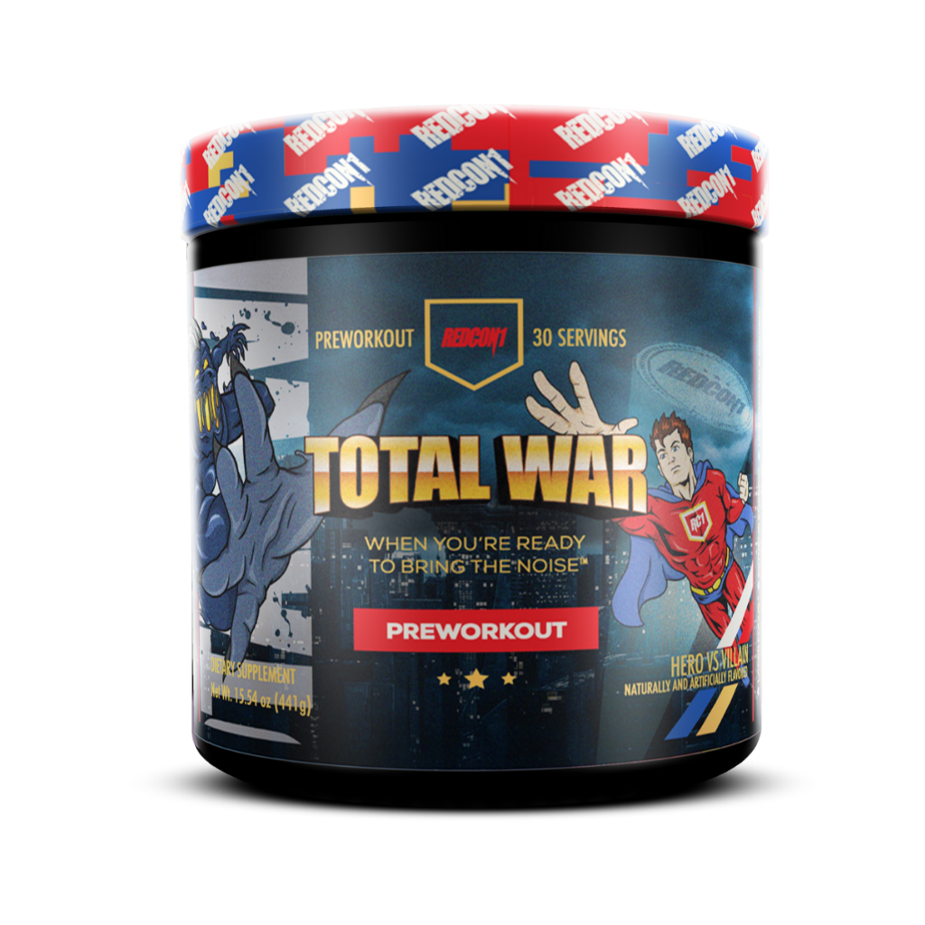 Athlete pouring Redcon1 Total War powder into a shaker cup, ready for an intense training session.