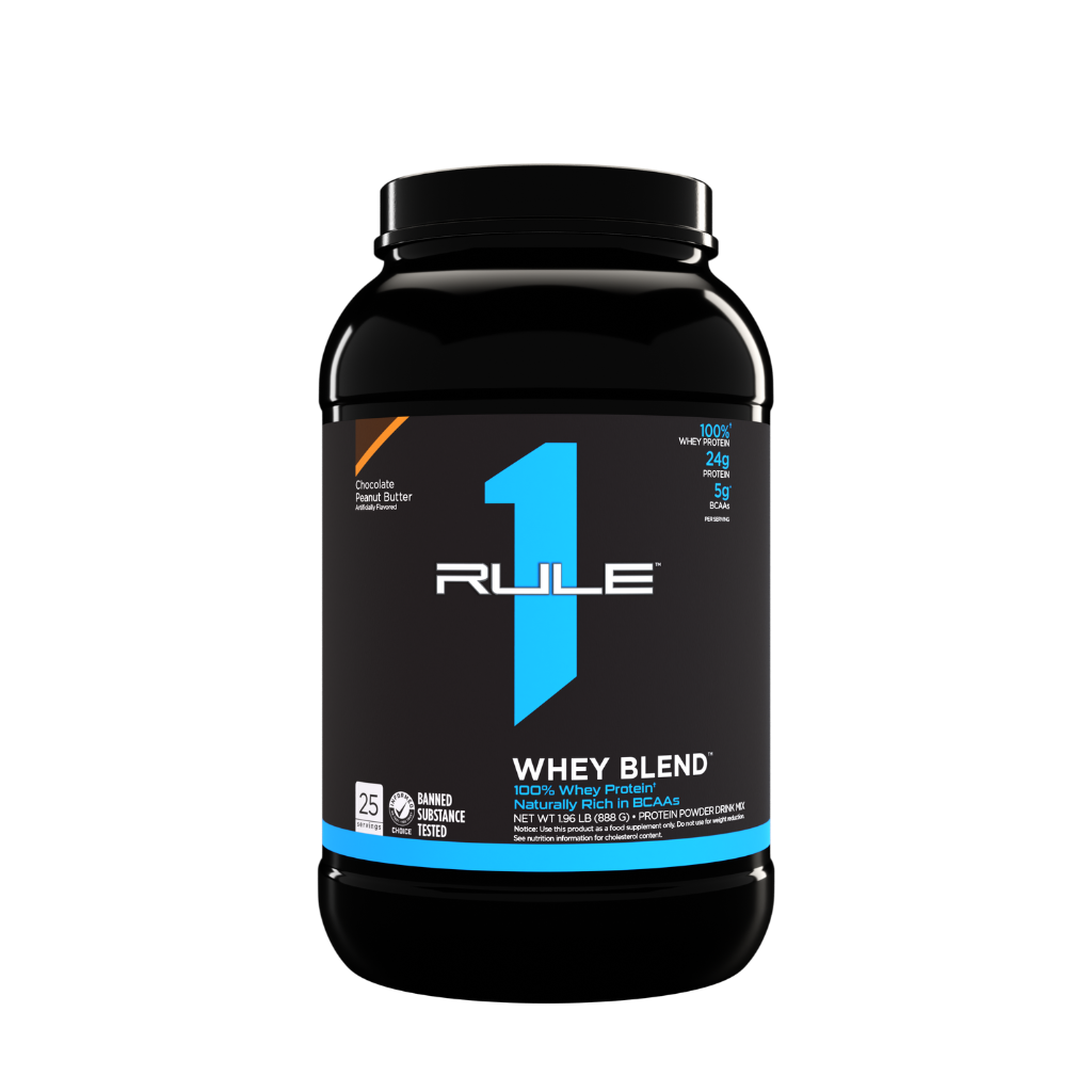R1 Whey Blend protein powder scoop with athletic background