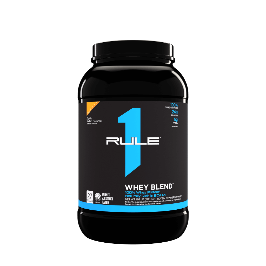 Close-up of R1 Whey Blend packaging highlighting quality ingredients