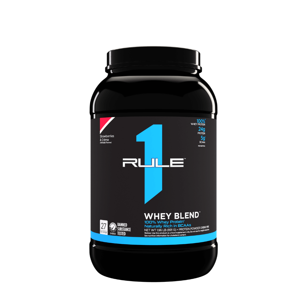 Close-up of R1 Whey Blend packaging highlighting quality ingredients