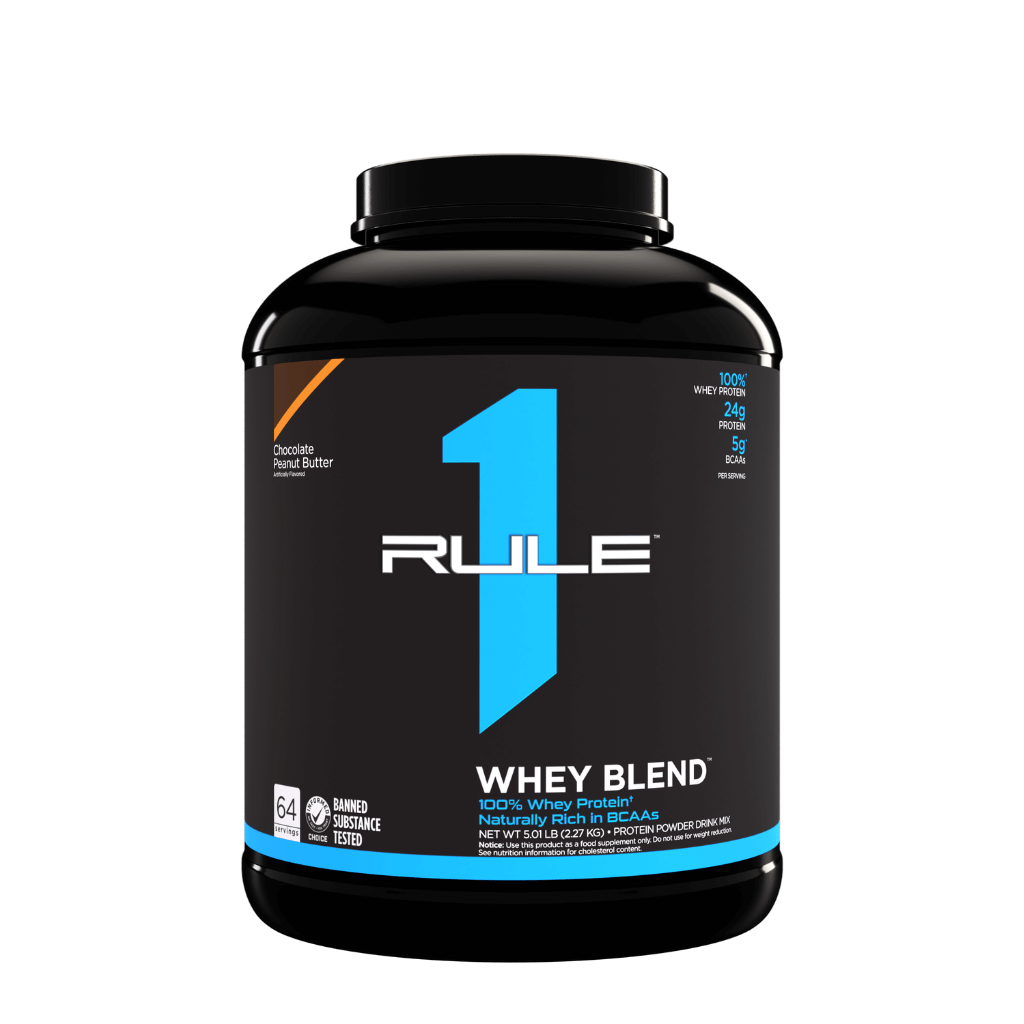 Close-up of R1 Whey Blend packaging highlighting quality ingredients