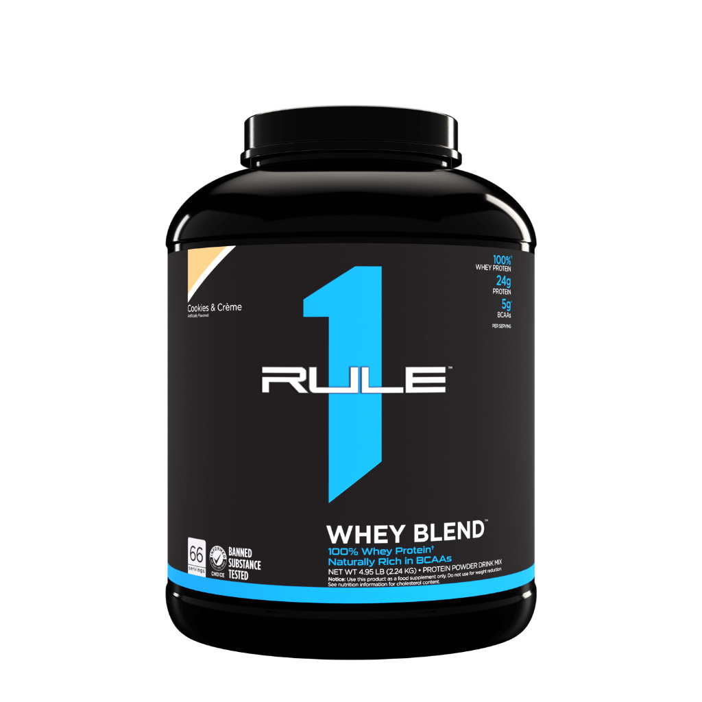 R1 Whey Blend protein powder scoop with athletic background