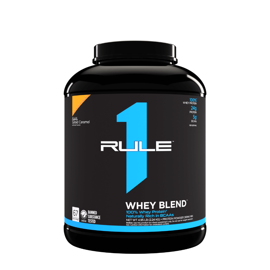 Close-up of R1 Whey Blend packaging highlighting quality ingredients