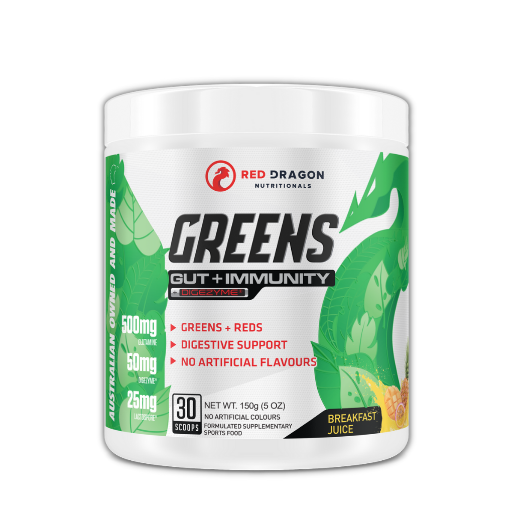 Vital Greens powder in a bowl, showcasing its vibrant color and texture, ideal for gut health.
