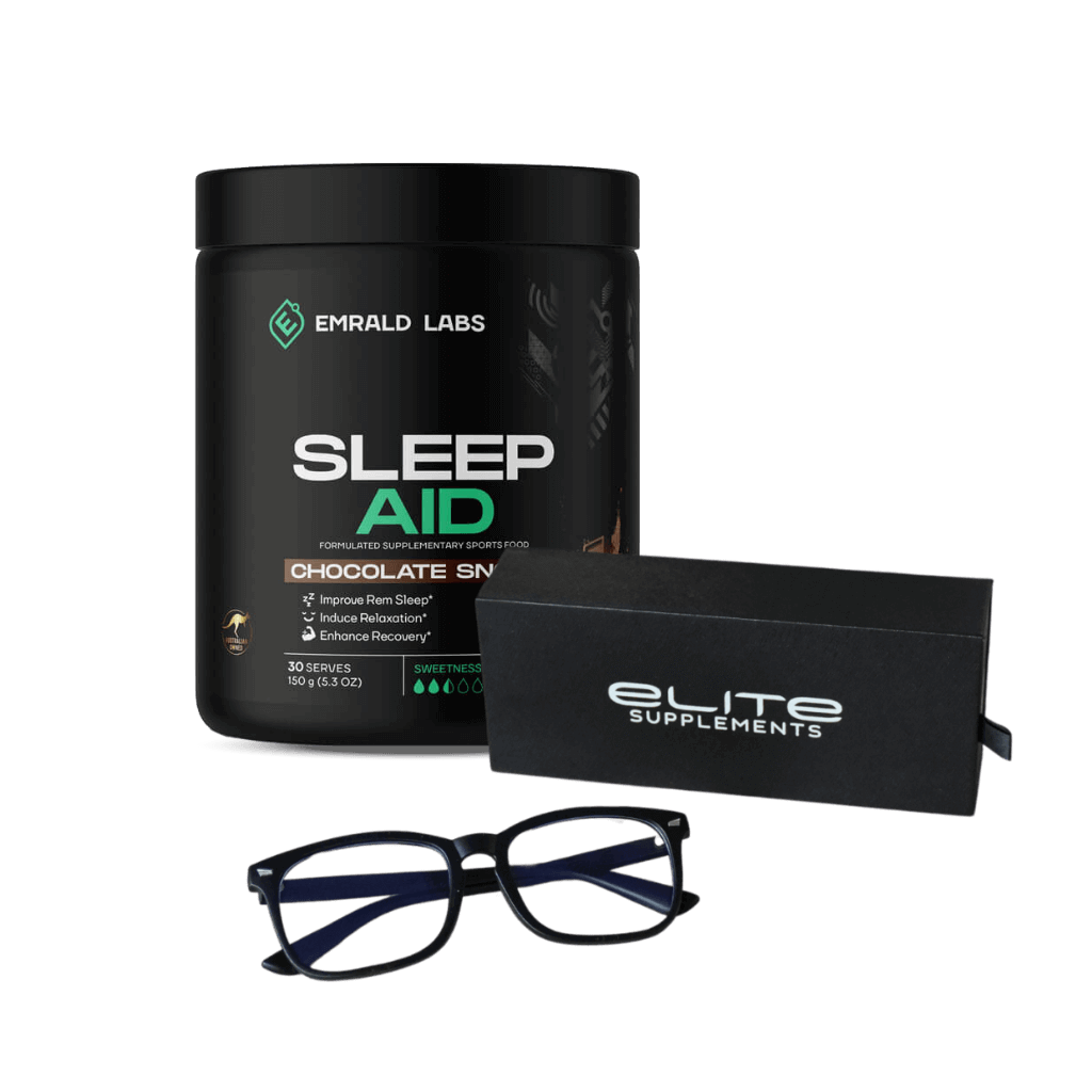 Emrald Labs sleep aid bottle and blue light glasses on bedside table for better rest