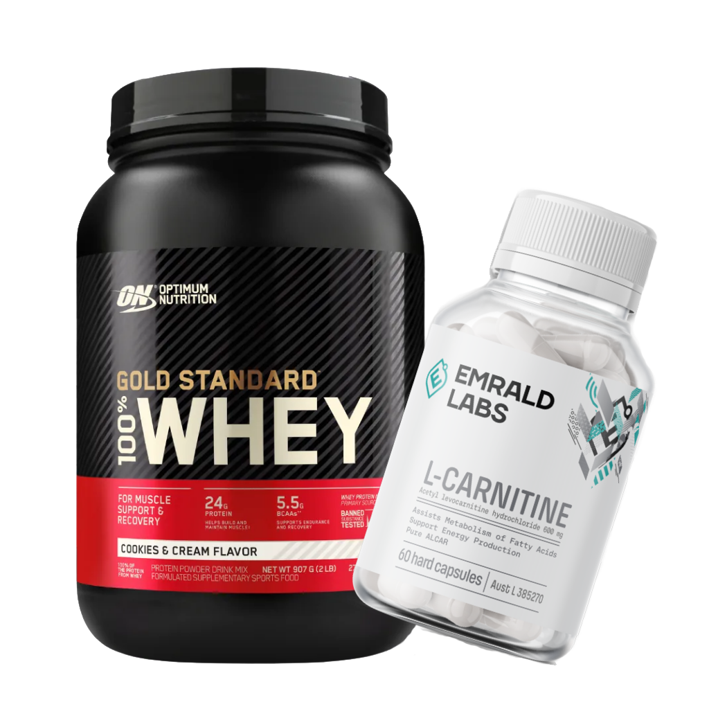 Gold Standard Whey protein powder container with L-carnitine capsules for muscle building