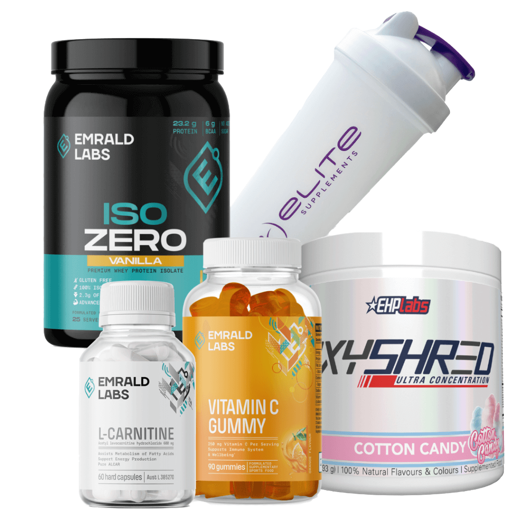 Supplements from the Summer Shredz Fat Burning Stack arranged on a table, highlighting OxyShred, L-Carnitine, and Vitamin C bottles.
