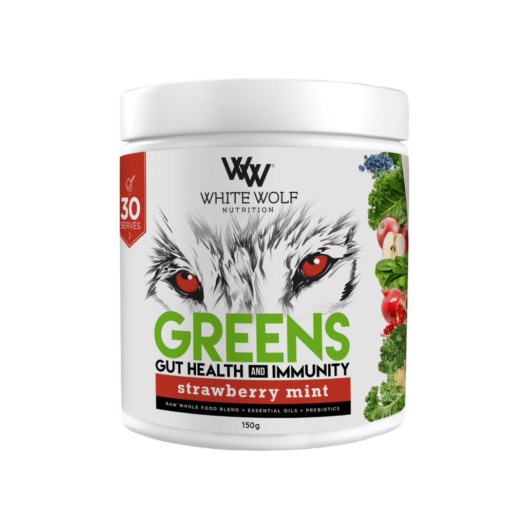 Close-up of Vitality Greens Superfood Blend in a bowl, showcasing its vibrant color and texture.