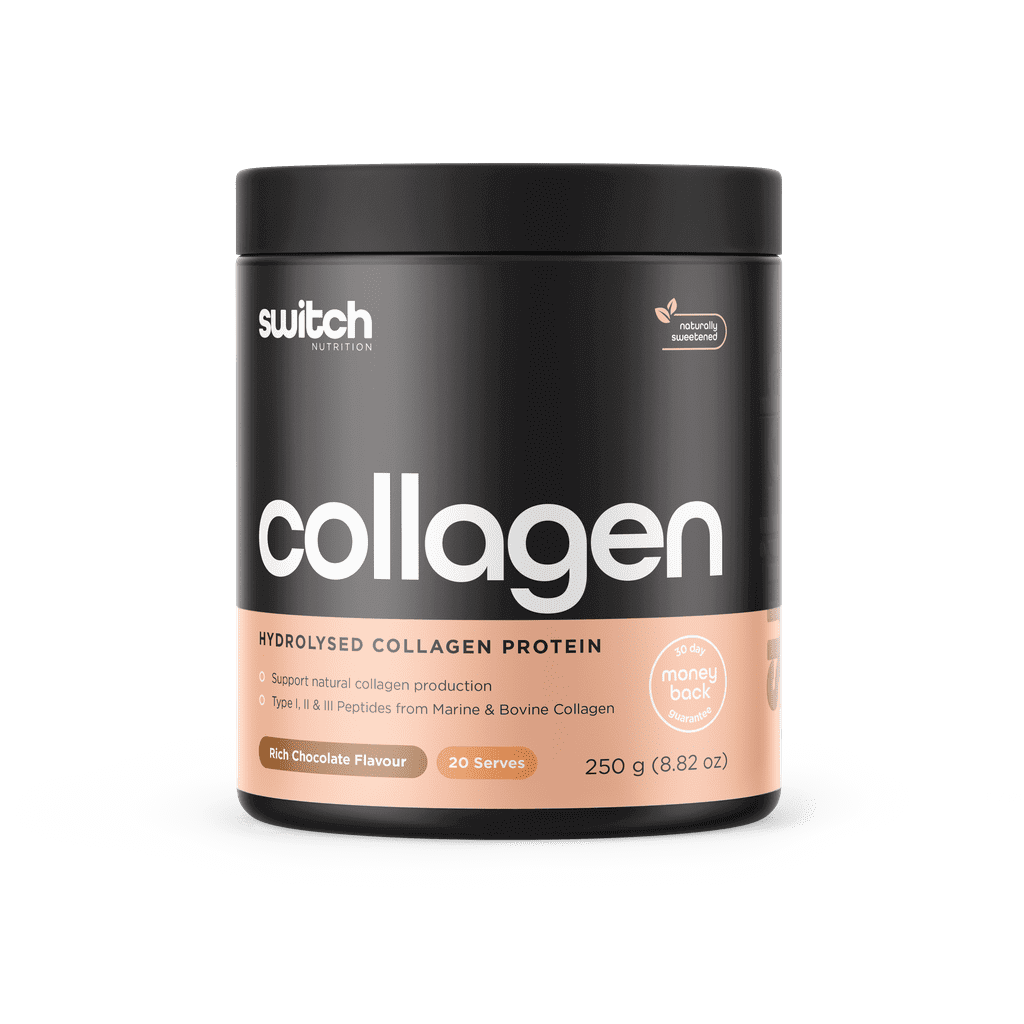 Healthy, glowing woman holding a glass of beverage with Collagen Switch, showcasing youthful skin and vitality