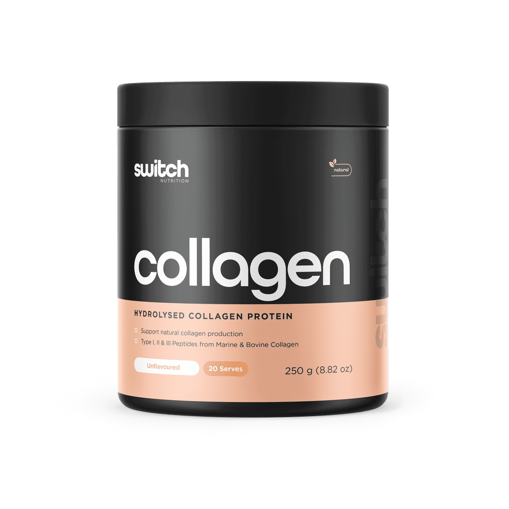 Close-up of Collagen Switch powder showing texture and packaging, emphasizing anti-aging benefits