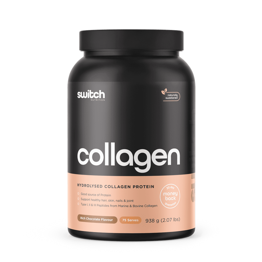 Close-up of Collagen Switch powder showing texture and packaging, emphasizing anti-aging benefits