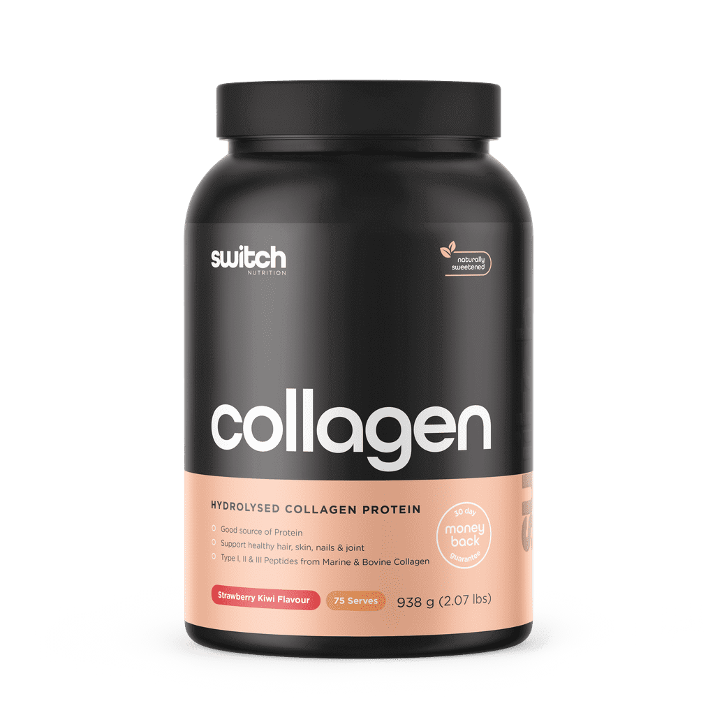 Healthy, glowing woman holding a glass of beverage with Collagen Switch, showcasing youthful skin and vitality