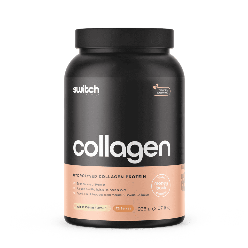 Close-up of Collagen Switch powder showing texture and packaging, emphasizing anti-aging benefits