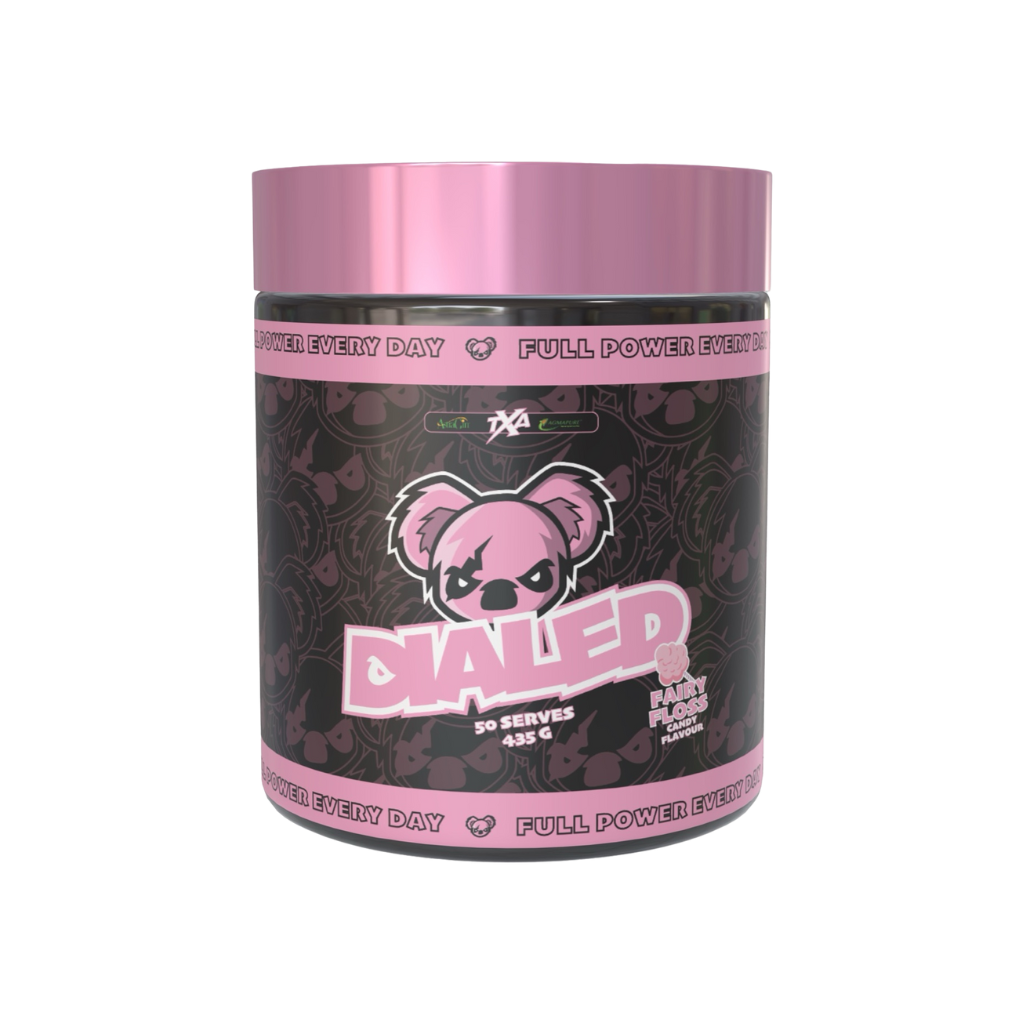 Close-up of Dialed pre workout powder with energetic background
