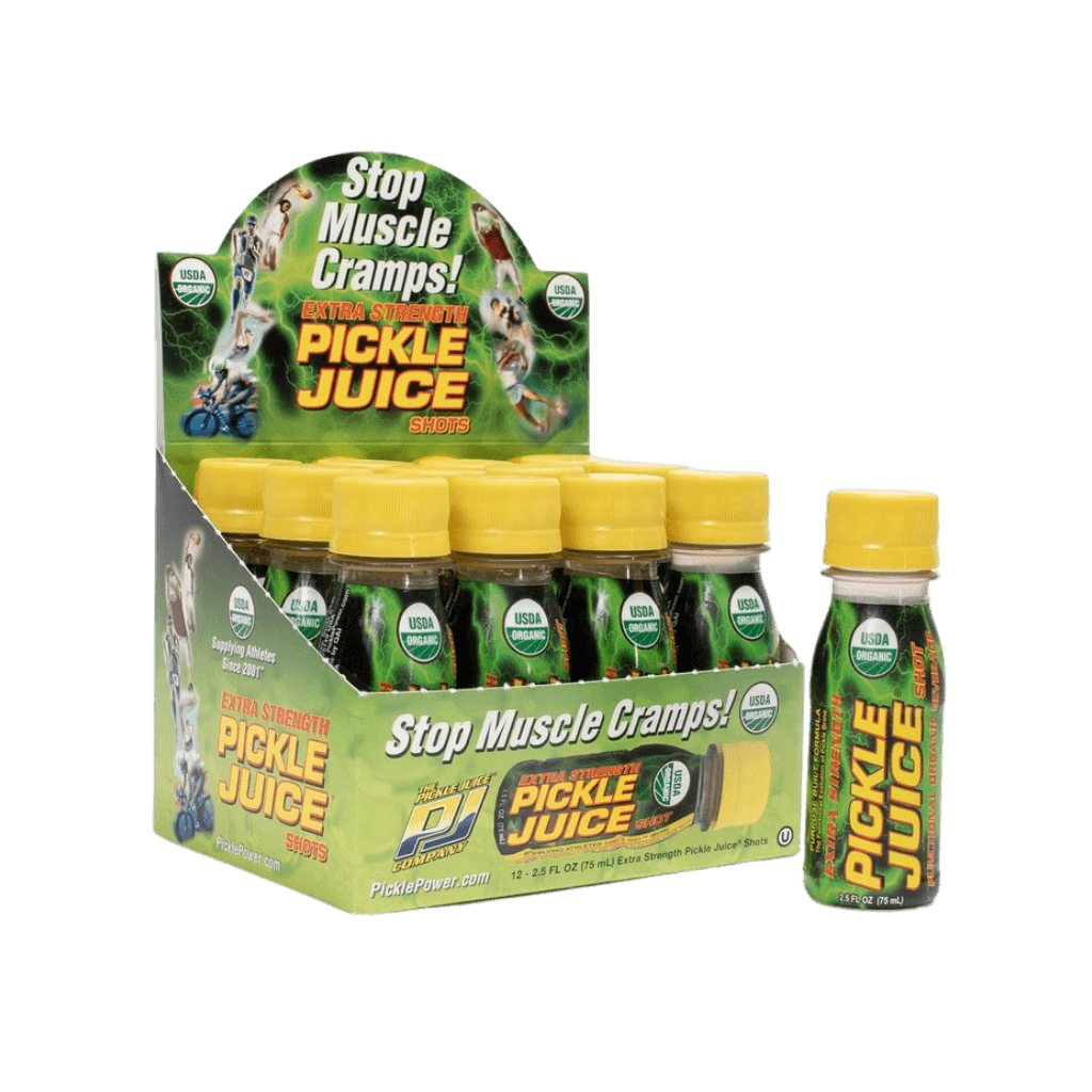Peak Performance Pickle Juice Shot displayed on a gym bench, highlighting its role in sports recovery.
