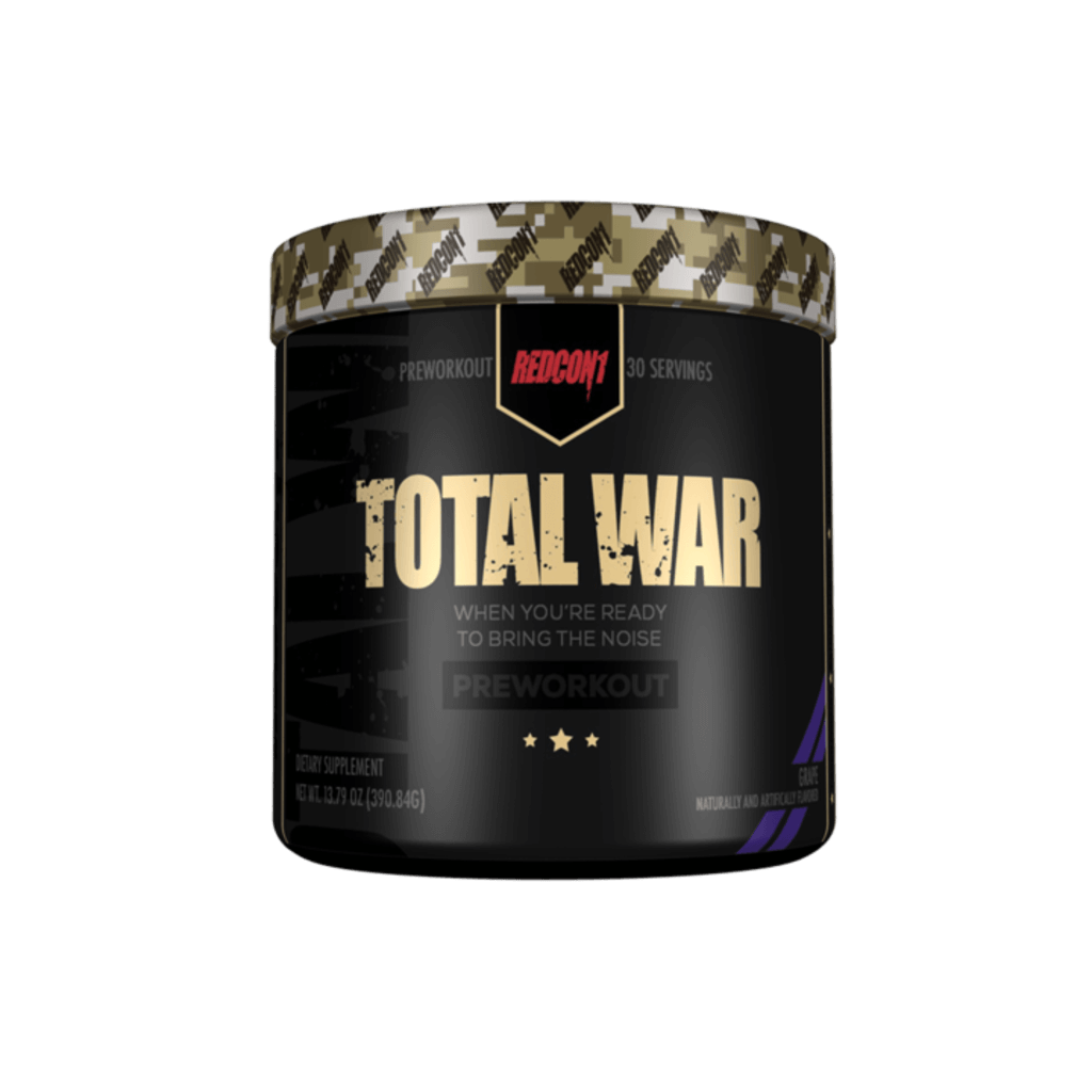 Close-up of Redcon1 Total War energy supplement packaging, showcasing its vibrant design and label.