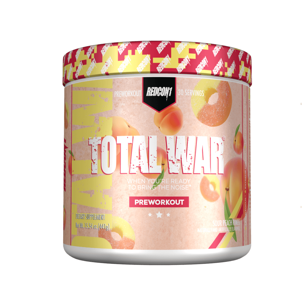 Athlete pouring Redcon1 Total War powder into a shaker cup, ready for an intense training session.