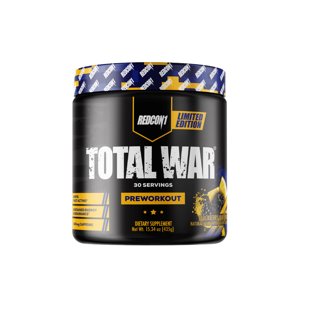 Athlete pouring Redcon1 Total War powder into a shaker cup, ready for an intense training session.