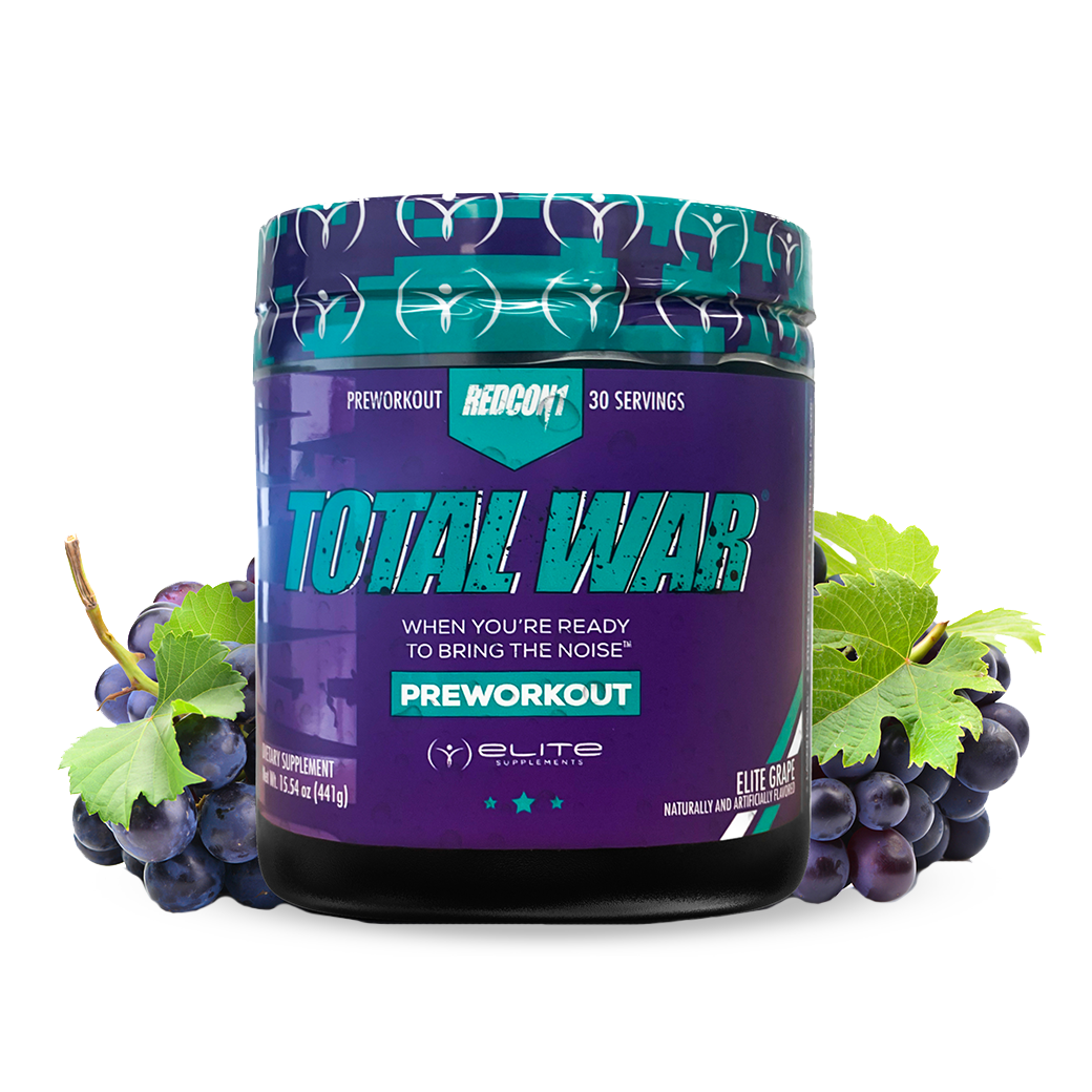 Close-up of Redcon1 Total War energy supplement packaging, showcasing its vibrant design and label.