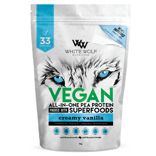 Vegan protein powder scoop with non-GMO ingredients displayed