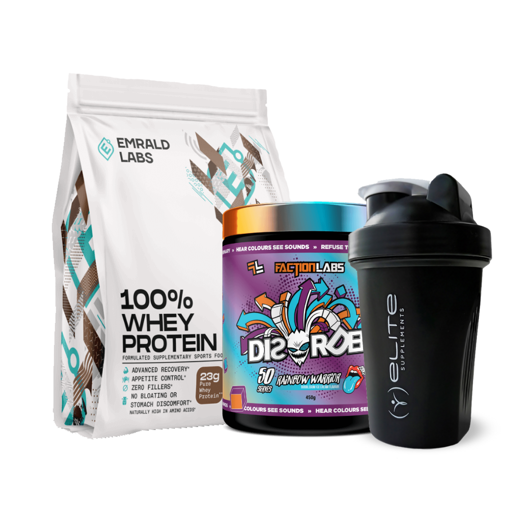 Disorder 100% Whey Protein tub with free shaker on a gym bench