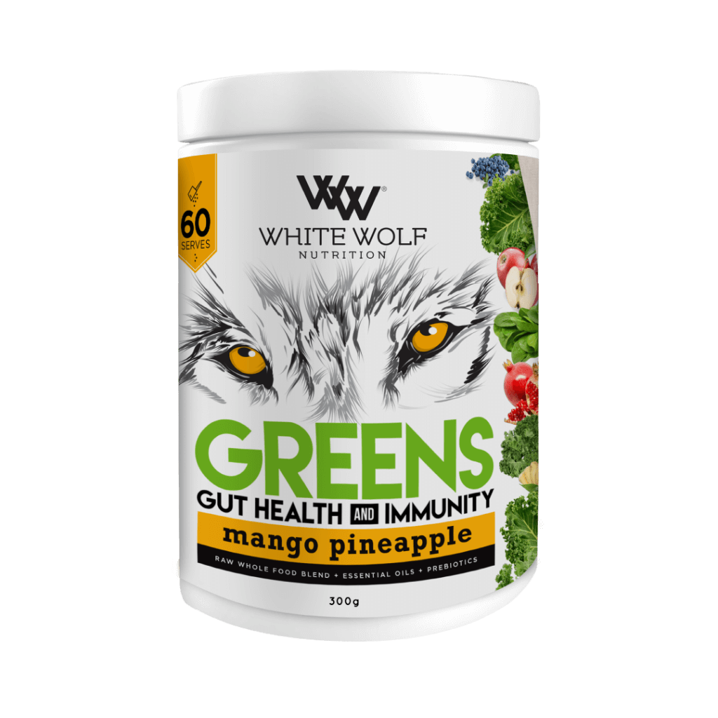 Close-up of Vitality Greens Superfood Blend in a bowl, showcasing its vibrant color and texture.