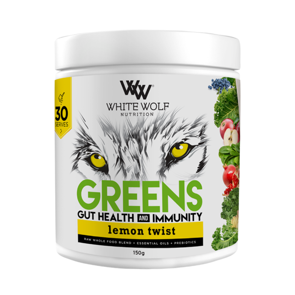 Close-up of Vitality Greens Superfood Blend in a bowl, showcasing its vibrant color and texture.