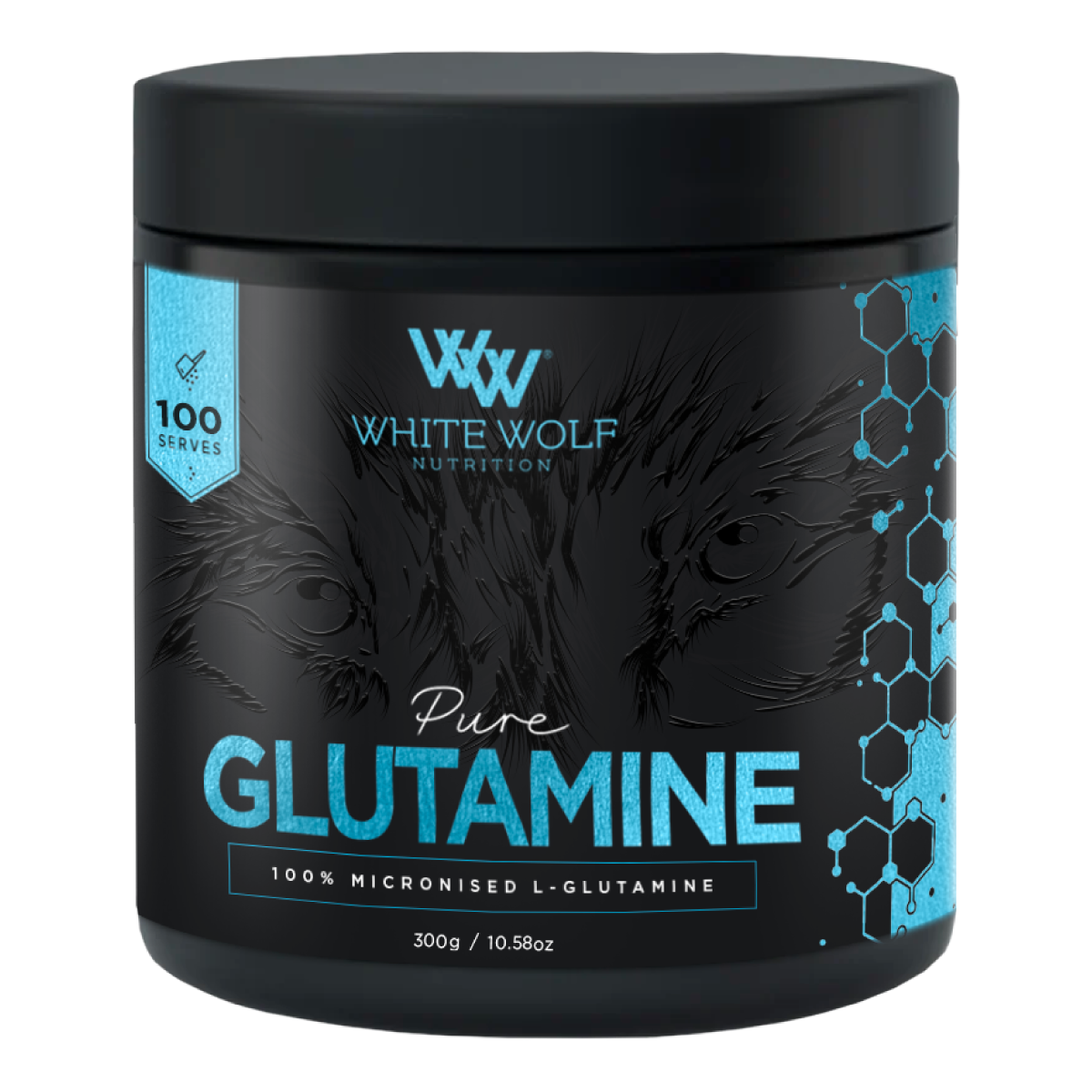 PureGlutamine Plus powder scoop showing muscle recovery benefits