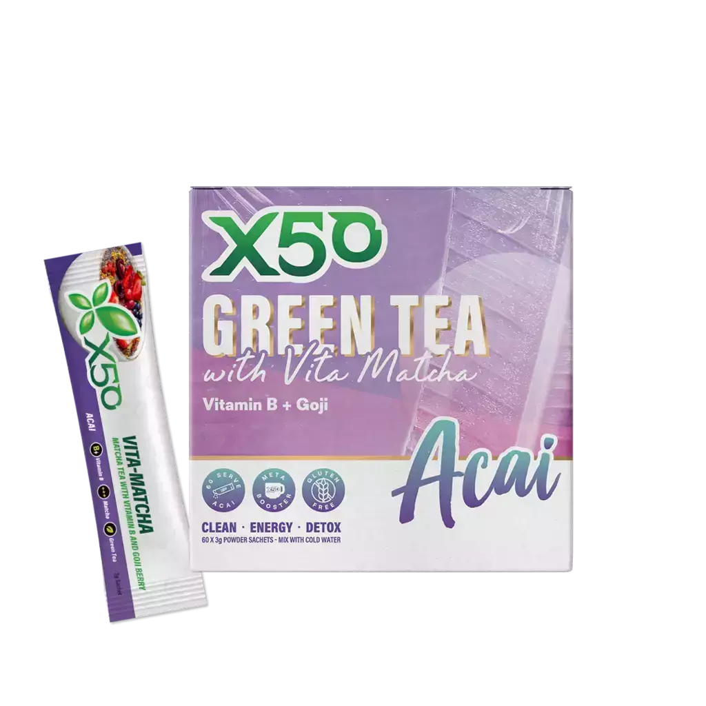 Close-up of the green tea powder and packaging, highlighting its antioxidant-rich formulation.