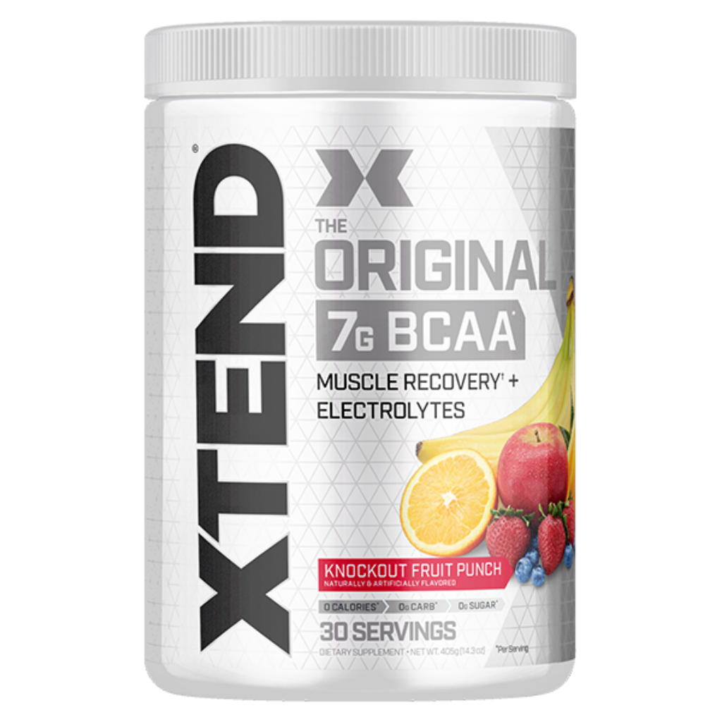 SCIVATION XTEND BCAA supplement showing the label and scoop for muscle recovery