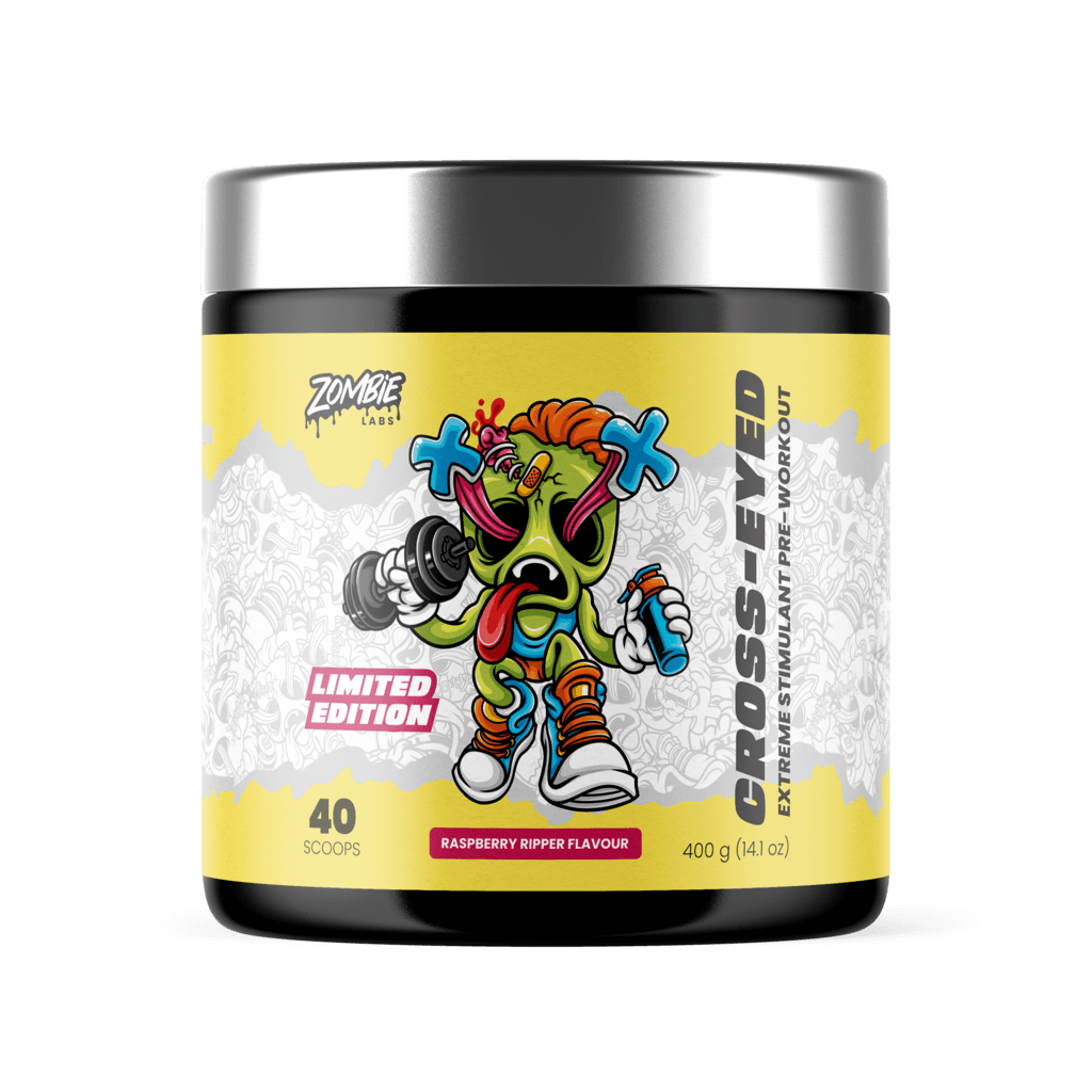 Close-up of Zombie Power Pre-Workout Boosters ingredients, emphasizing natural energy sources.