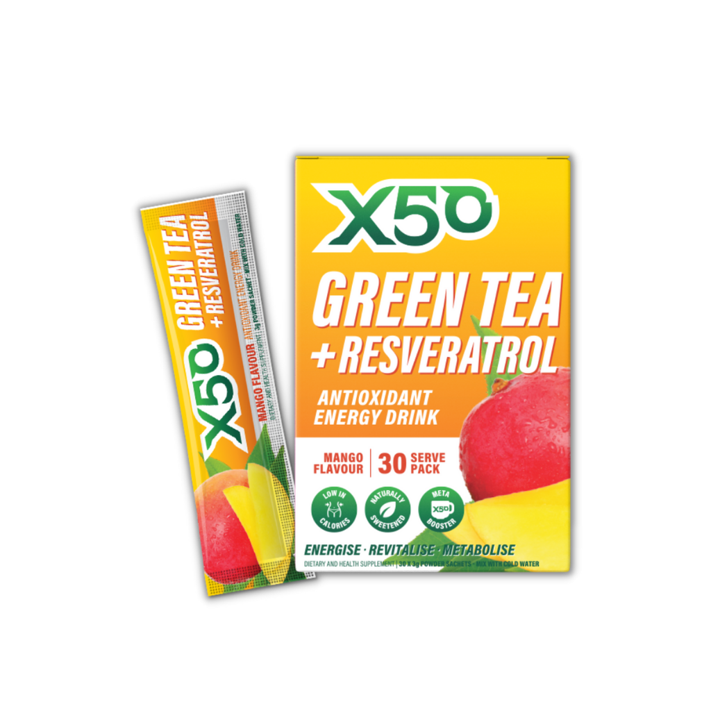 Close-up of the green tea powder and packaging, highlighting its antioxidant-rich formulation.
