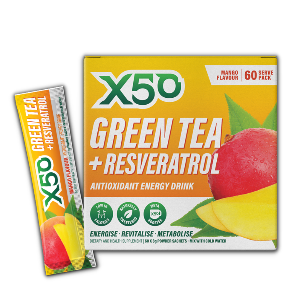 Close-up of the green tea powder and packaging, highlighting its antioxidant-rich formulation.