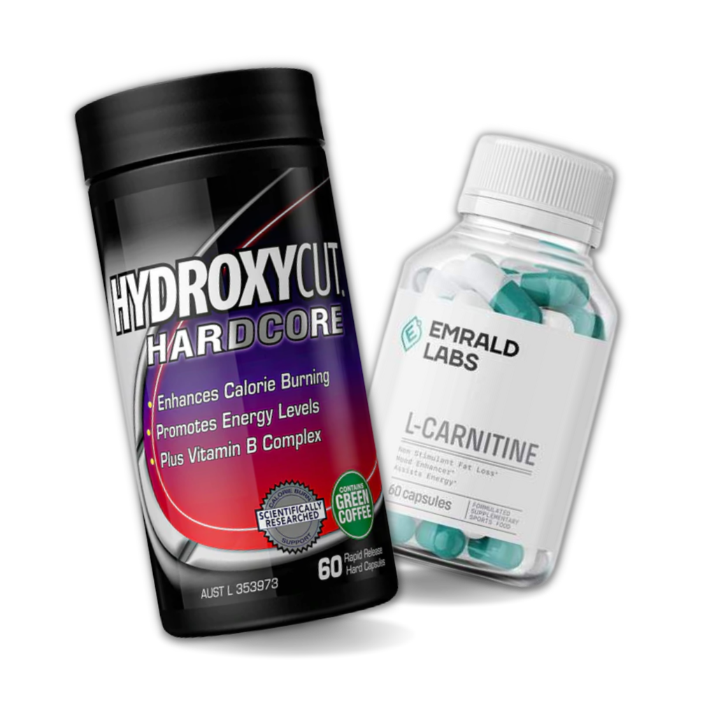 Hydroxycut Hardcore bottle next to ALCAR capsules for fat burning stack.